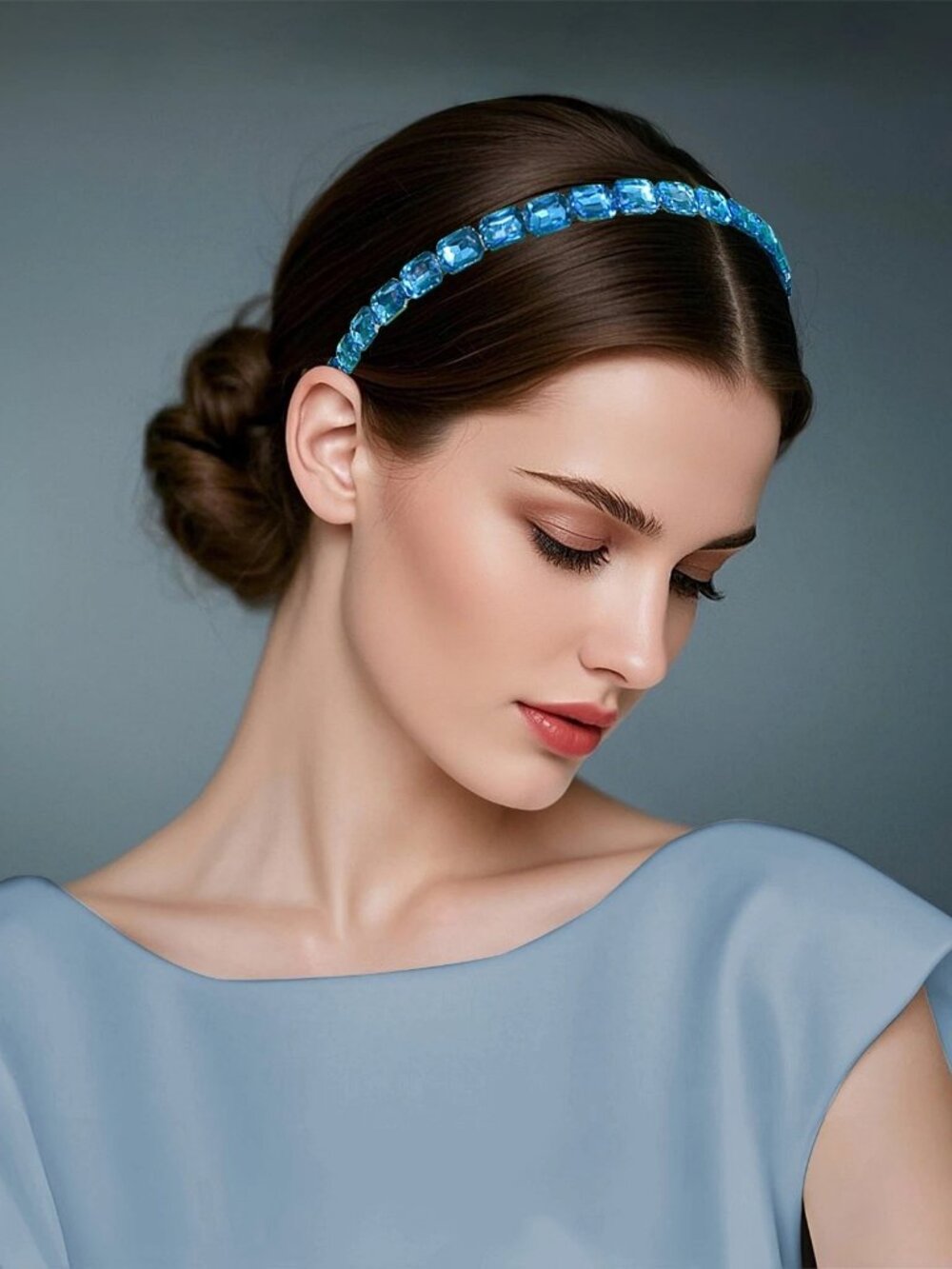 Wide Crystal Headband for Women, Aqua Blue Rhinestone Hair Hoop